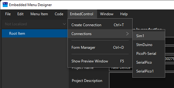 tcMenu Designer showing the embed control menu