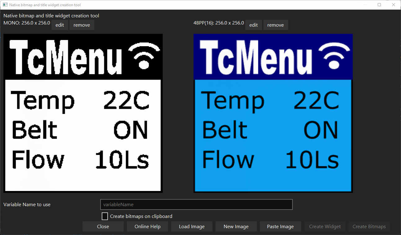 Bitmap and Widget creation utility showing two PNGs with transparency