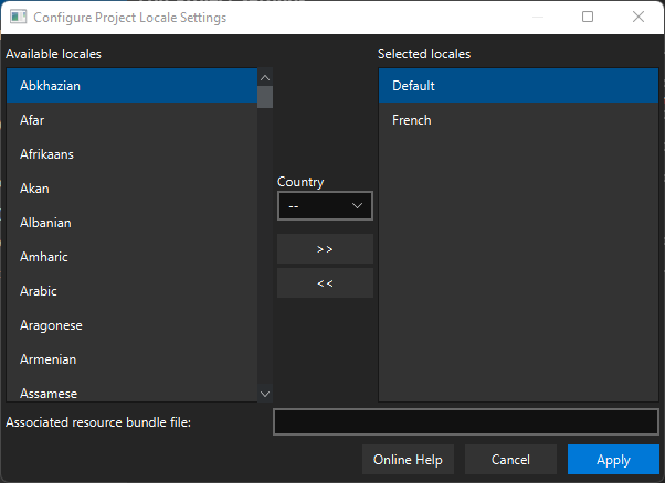 Configure locale dialog showing enabled and available locales