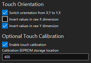 Calibration and Orientation options for menu based touch screen in designer